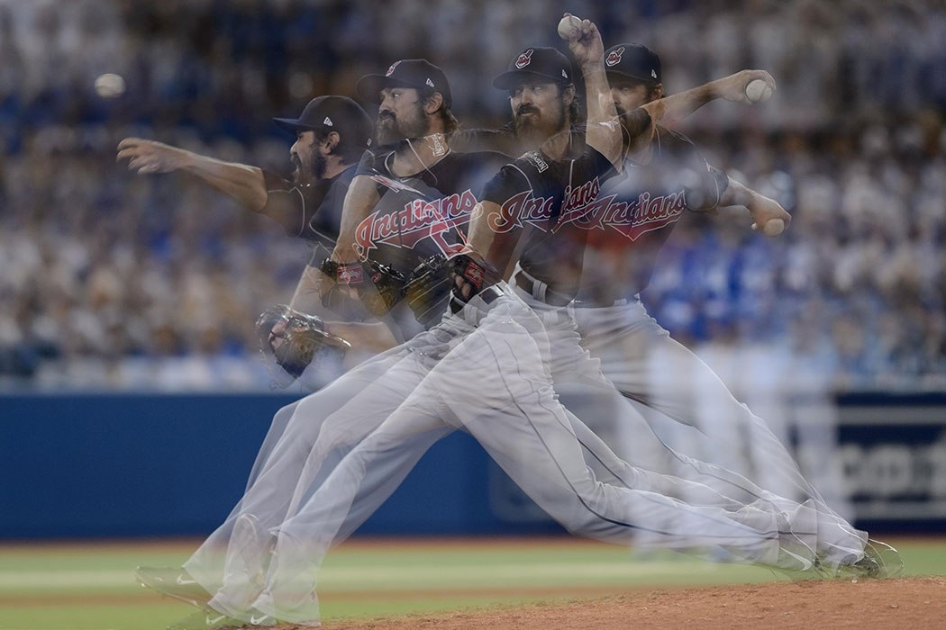 October 19, 2016: In this multiple exposure image Andrew Miller (24) of the Cleveland Indians pitches during the sixth inning of 2016 MLB ALCS Game 5 between the Toronto Blue Jays and the Cleveland Indians at Rogers Centre in Toronto, ON, Canada.