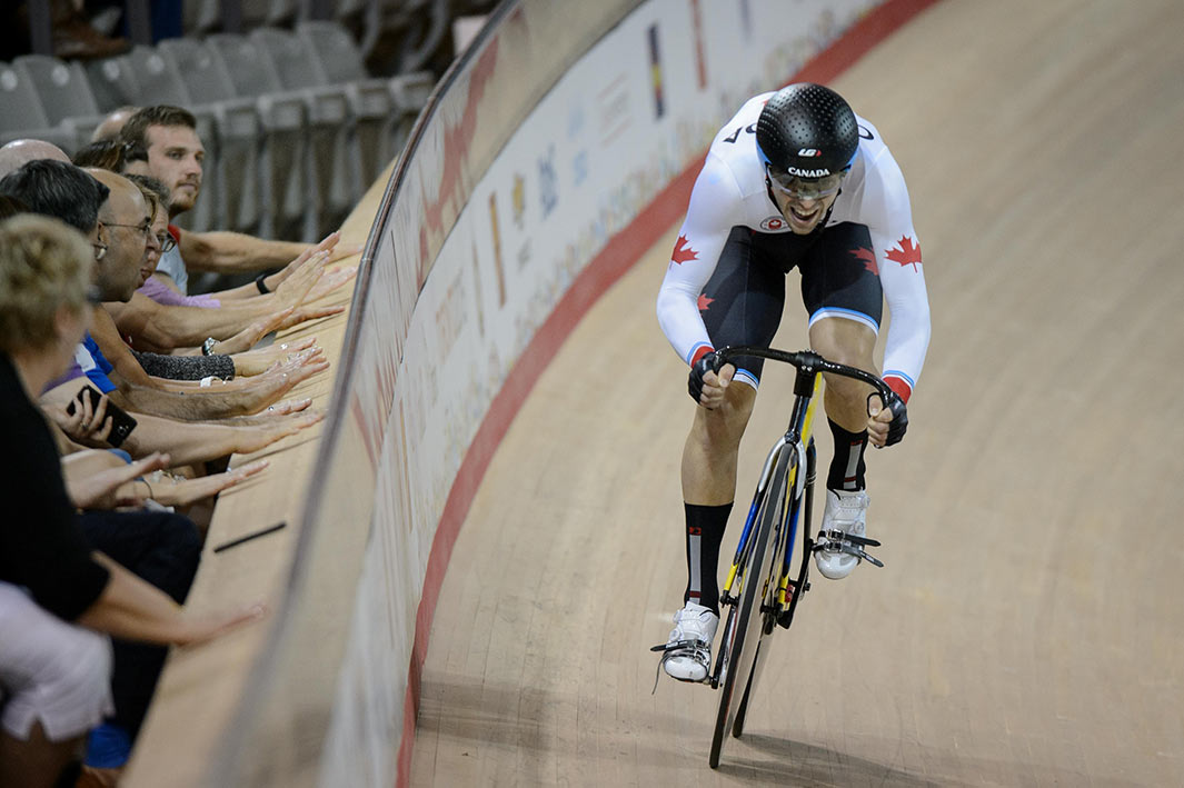 July 17, 2015: Rémi Pelletier of Canada competes in the Men's Cycling Track Omnium Flying Lap Qualification at the Cisco Milton Velodrome in Milton, ON, Canada