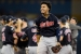 October 19, 2016: Francisco Lindor (12) of the Cleveland Indians celebrates after the Cleveland Indians defeated the Toronto Blue Jays in 2016 MLB ALCS Game 5 at Rogers Centre in Toronto, ON, Canada.
