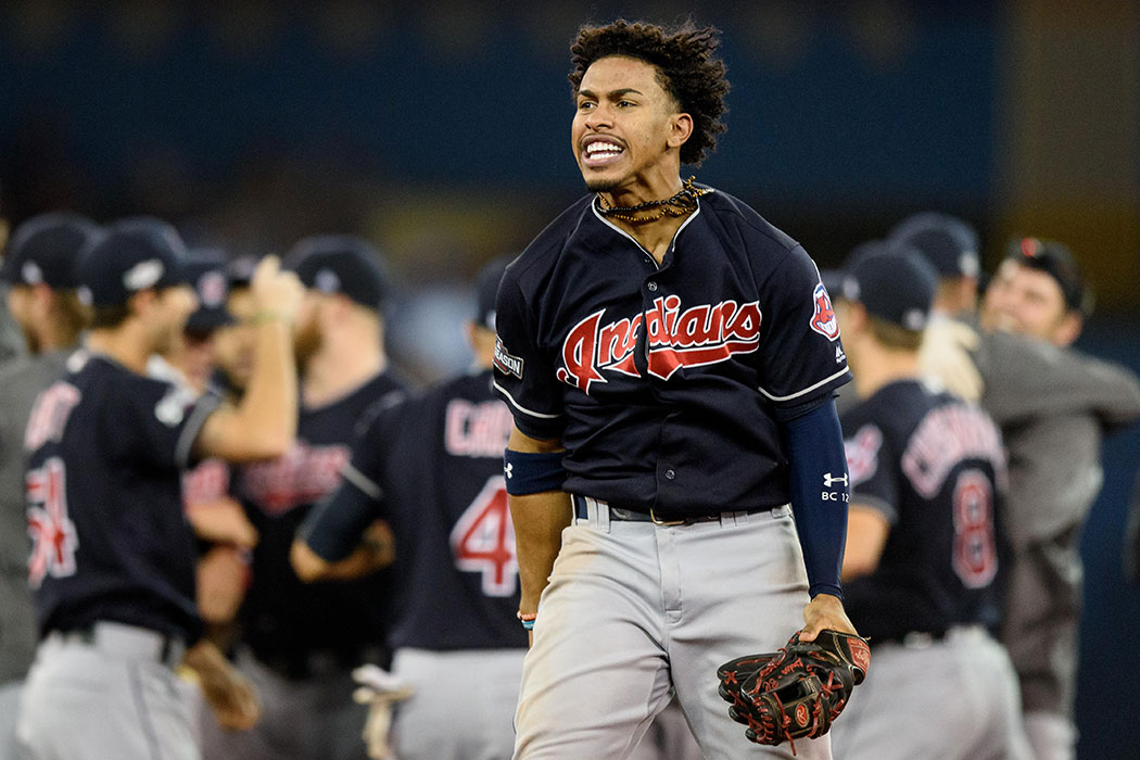 October 19, 2016: Francisco Lindor (12) of the Cleveland Indians celebrates after the Cleveland Indians defeated the Toronto Blue Jays in 2016 MLB ALCS Game 5 at Rogers Centre in Toronto, ON, Canada.