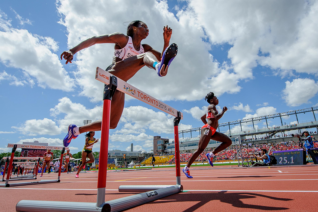 July 21, 2015: Sharolyn Scott of Costa Rica competes in the Women's 400m Hurdles Semifinal at the 2015 Toronto Pan Am games.
