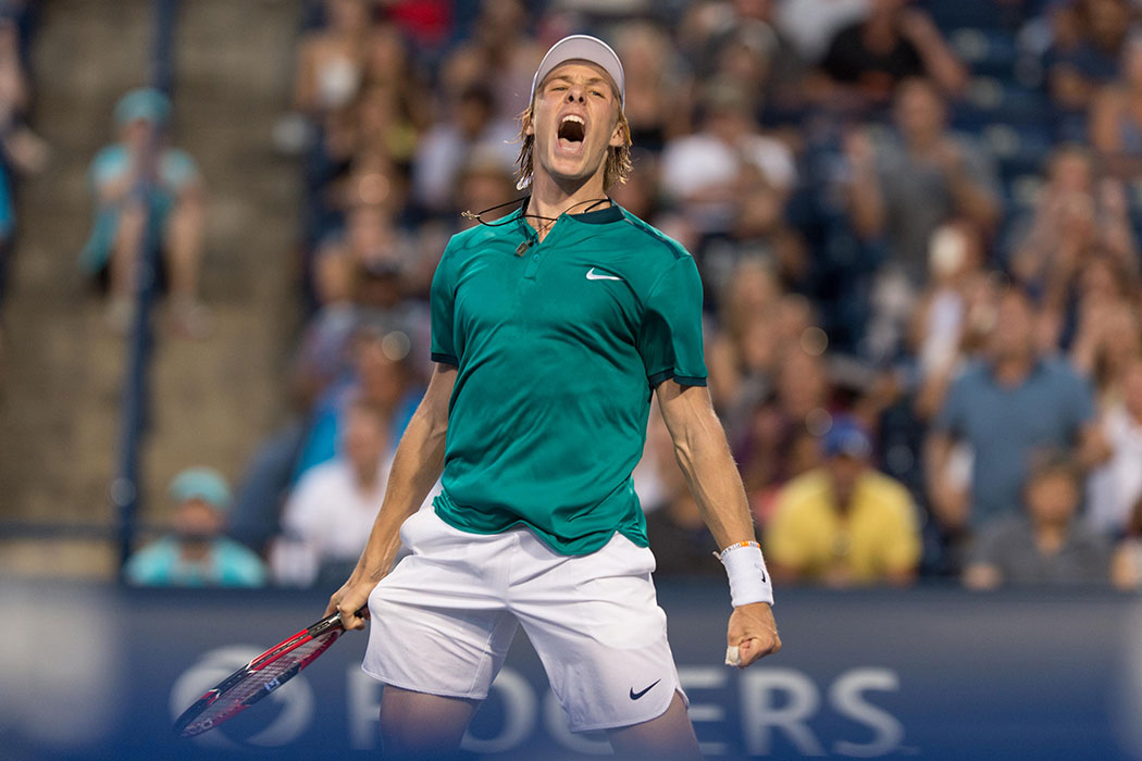 July 25, 2016: Denis Shapovalov of Canada reacts after winning his first round match against Nick Kyrgios or Australia during the Rogers Cup tournament at the Aviva Centre in Toronto, Ontario, Canada.